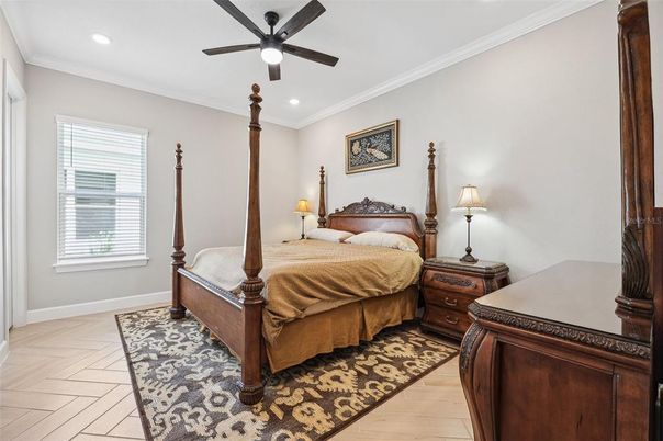 Bedroom, Interior, Recessed Lighting, Wood Texture Flooring