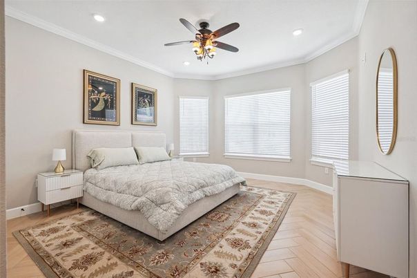 Bedroom, Interior, Recessed Lighting, Wood Texture Flooring