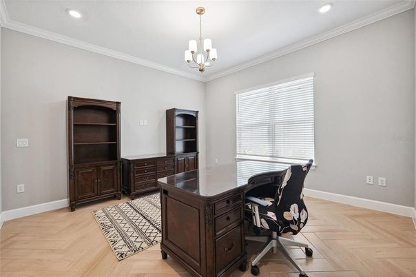 Chandelier, Home Office, Interior, Pendant Lights, Recessed Lighting, Wood Texture Flooring