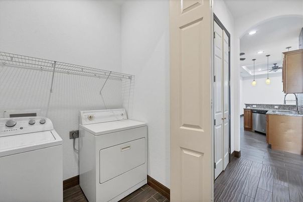 Interior, Pendant Lights, Recessed Lighting, Utility Closets, Washer, Wood Texture Flooring