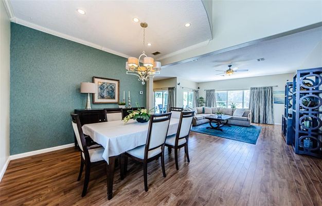 Chandelier, Dining room, Interior, Living room, Recessed Lighting, Wood Texture Flooring