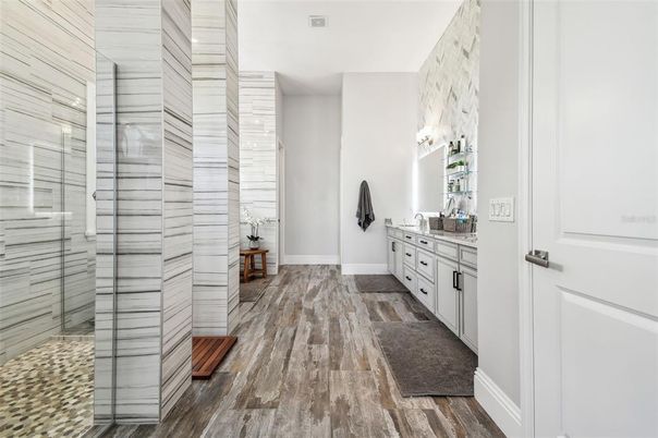 Bathroom, Glass Shower, Interior, Wood Texture Flooring