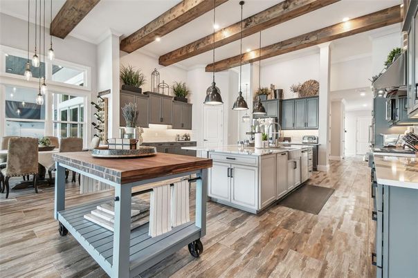 Interior, Kitchen, Pendant Lights, Recessed Lighting, Stainless Steel Appliances, Wooden Beams, Wood Texture Flooring