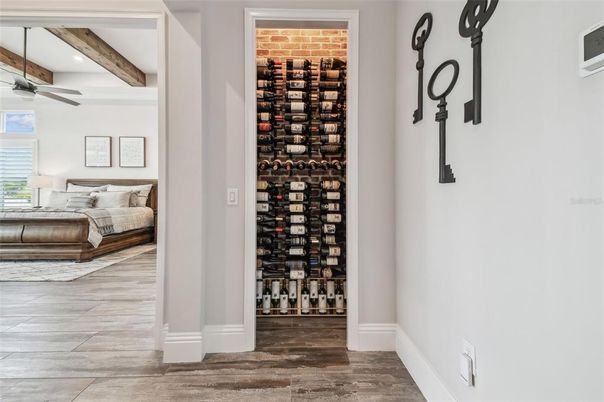 Bedroom, Interior, Recessed Lighting, Wine Storage, Wooden Beams, Wood Texture Flooring
