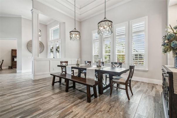 Chandelier, Dining room, Interior, Pendant Lights, Wood Texture Flooring
