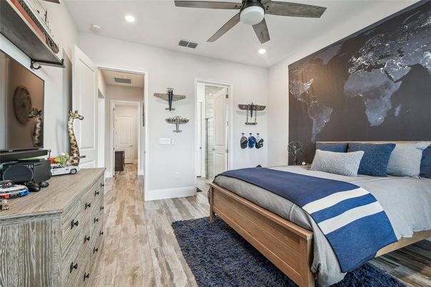 Bedroom, Interior, Recessed Lighting, Wood Texture Flooring