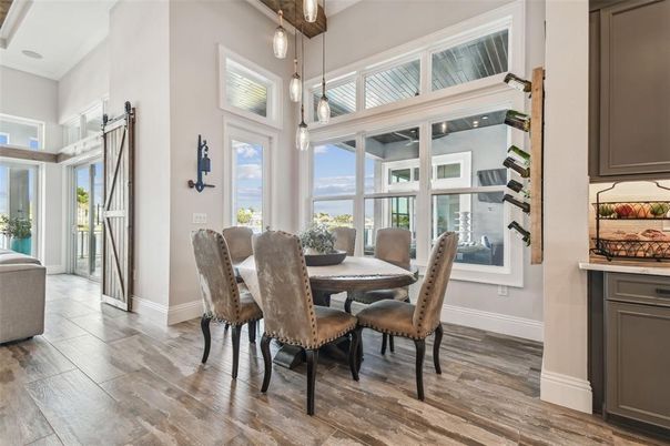 Dining room, Interior, Pendant Lights, Wood Texture Flooring