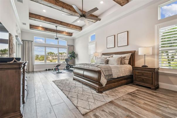 Bedroom, Fitness Equipment, Interior, Recessed Lighting, Wooden Beams, Wood Texture Flooring