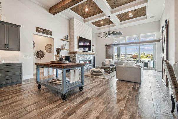 Fireplace, Interior, Living room, Recessed Lighting, Wooden Beams, Wooden Ceilings, Wood Texture Flooring
