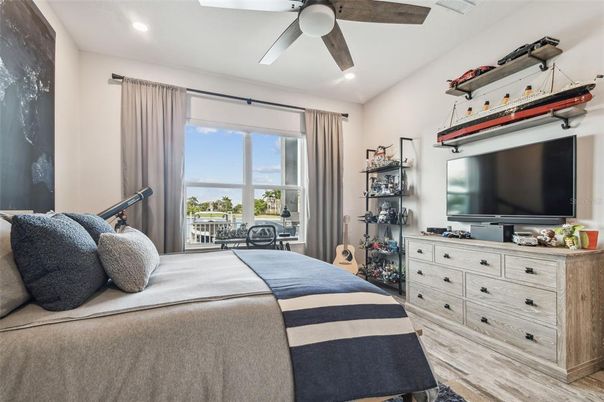 Bedroom, Interior, Recessed Lighting, Wood Texture Flooring