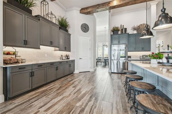 Interior, Kitchen, Pendant Lights, Stainless Steel Appliances, Wooden Beams, Wood Texture Flooring