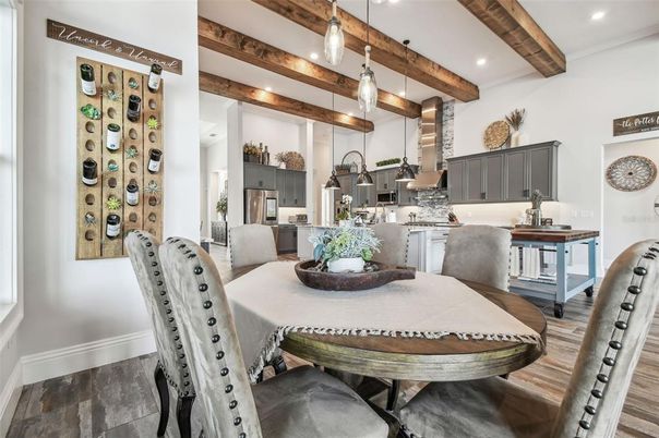 Dining room, Interior, Kitchen, Pendant Lights, Recessed Lighting, Stainless Steel Appliances, Wooden Beams, Wood Texture Flooring