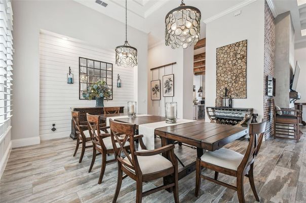 Chandelier, Dining room, Interior, Pendant Lights, Wood Texture Flooring