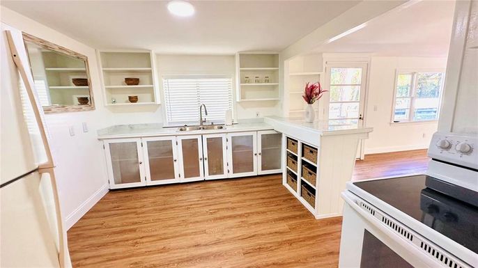Interior, Kitchen, Recessed Lighting, Wood Texture Flooring