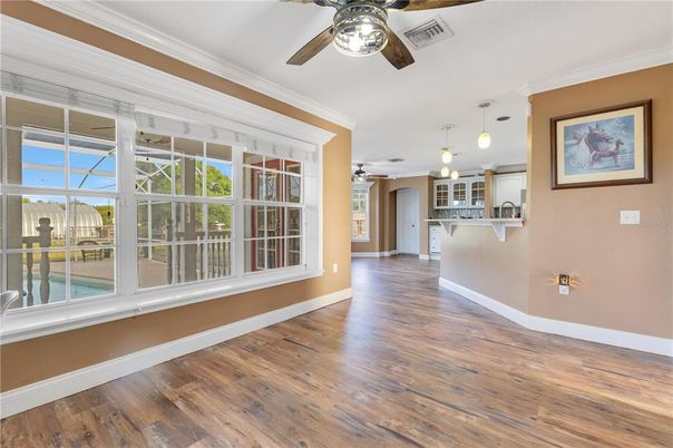 Interior, Kitchen, Pendant Lights, Wood Texture Flooring
