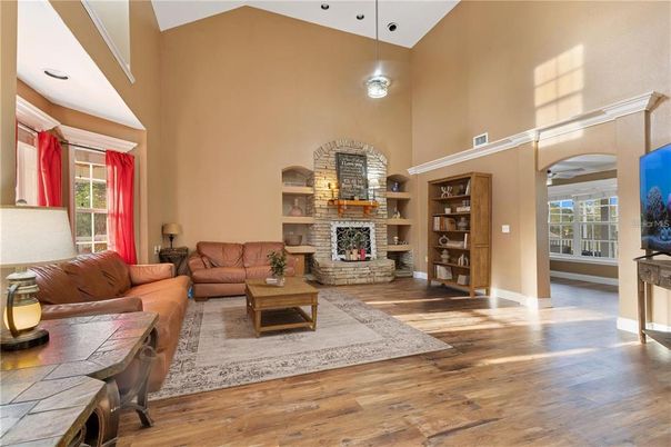 Fireplace, Interior, Living room, Pendant Lights, Stone Walls, Wood Texture Flooring