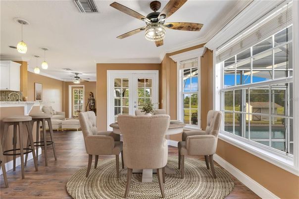 Dining room, Interior, Pendant Lights, Wood Texture Flooring