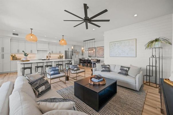 Dining room, Interior, Kitchen, Living room, Pendant Lights, Recessed Lighting, Stainless Steel Appliances, Wood Texture Flooring