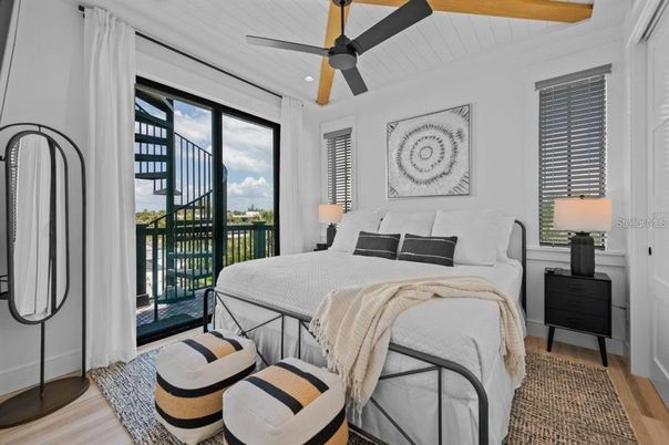 Bedroom, Interior, Recessed Lighting, Wooden Beams, Wood Texture Flooring