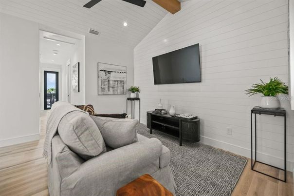 Interior, Living room, Recessed Lighting, Wooden Beams, Wood Texture Flooring