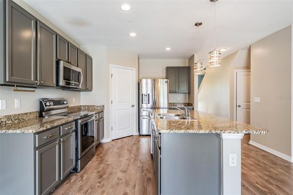 Interior, Kitchen, Pendant Lights, Recessed Lighting, Stainless Steel Appliances, Wood Texture Flooring