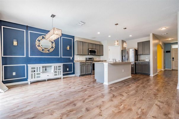 Interior, Kitchen, Pendant Lights, Recessed Lighting, Stainless Steel Appliances, Wood Texture Flooring