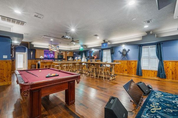 Billiard Table, Game Room, Interior, Pendant Lights, Recessed Lighting, Wood Texture Flooring