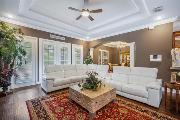 Chandelier, Dining room, Interior, Living room, Recessed Lighting, Wood Texture Flooring
