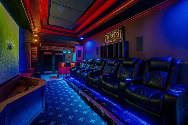 Home Theatre Room, Fireplace, Interior, Projection Screen, Recessed Lighting, Stone Walls, Theatre Room