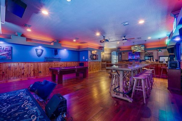 Billiard Table, Game Room, Interior, Pendant Lights, Recessed Lighting, Wood Texture Flooring