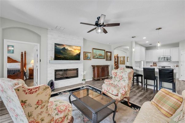 Fireplace, Interior, Kitchen, Living room, Pendant Lights, Recessed Lighting, Wood Texture Flooring