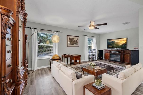 Fireplace, Interior, Living room, Pendant Lights, Wood Texture Flooring
