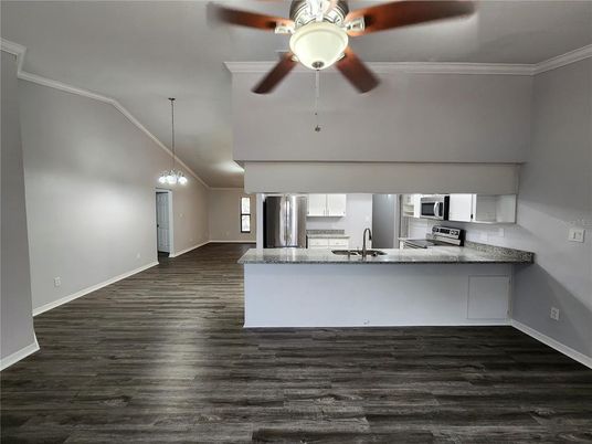 Interior, Kitchen, Pendant Lights, Stainless Steel Appliances, Wood Texture Flooring