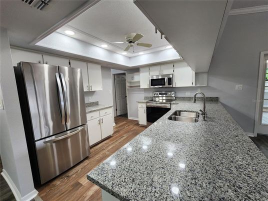 Interior, Kitchen, Recessed Lighting, Stainless Steel Appliances, Wood Texture Flooring