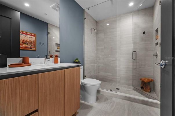 Bathroom, Glass Shower, Interior, Recessed Lighting