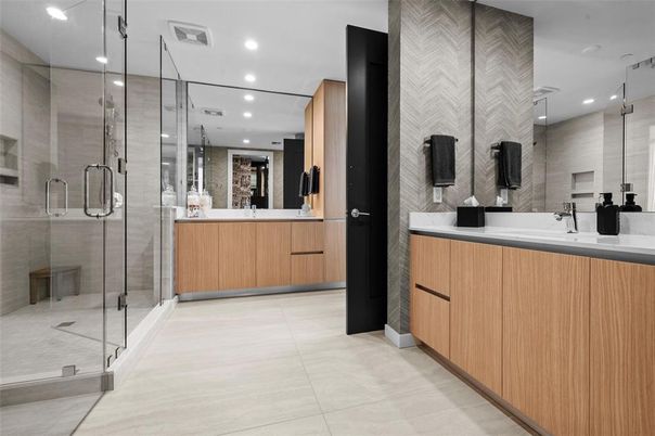 Bathroom, Dual Sink Vanities, Glass Shower, Interior, Recessed Lighting