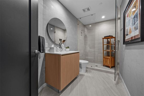 Bathroom, Glass Shower, Interior, Recessed Lighting