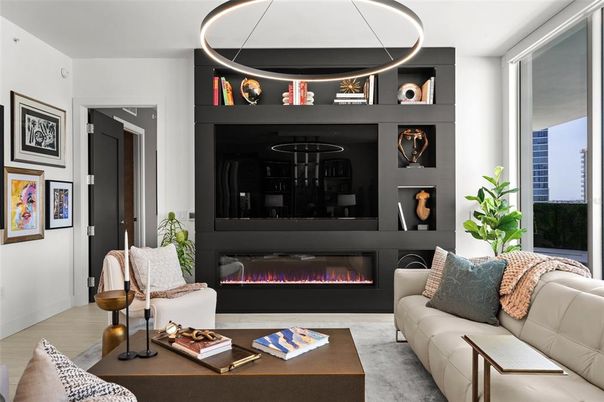 Fireplace, Interior, Living room, Pendant Lights, Wood Texture Flooring