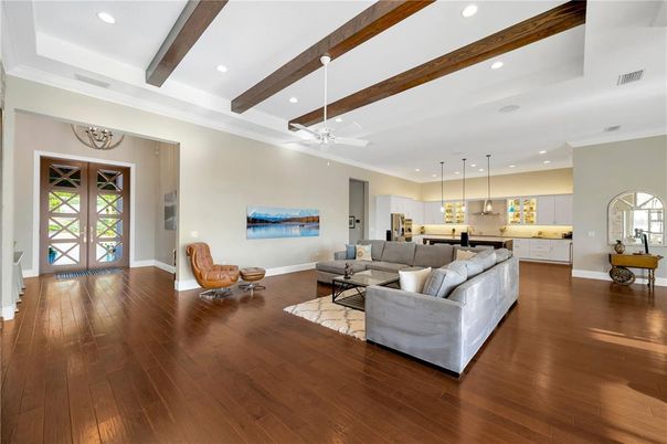 Interior, Living room, Pendant Lights, Recessed Lighting, Wooden Beams, Wood Texture Flooring