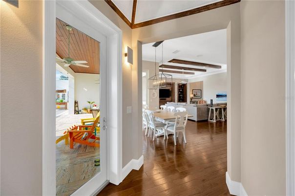 Chandelier, Dining room, Interior, Living room, Pendant Lights, Wooden Beams, Wood Texture Flooring