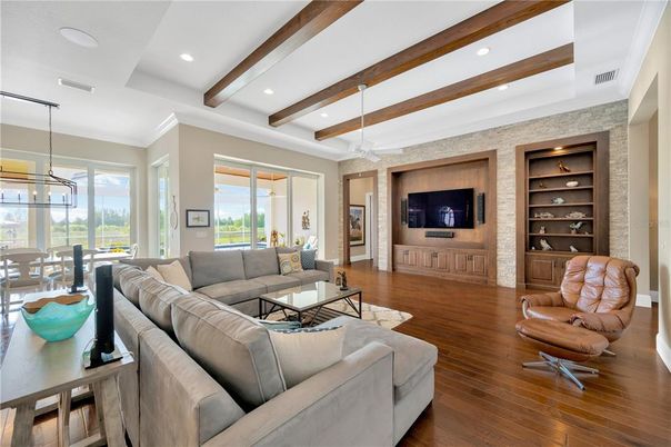 Dining room, Interior, Living room, Recessed Lighting, Stone Walls, Wooden Beams, Wood Texture Flooring
