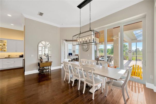 Chandelier, Dining room, Interior, Pendant Lights, Recessed Lighting, Wood Texture Flooring