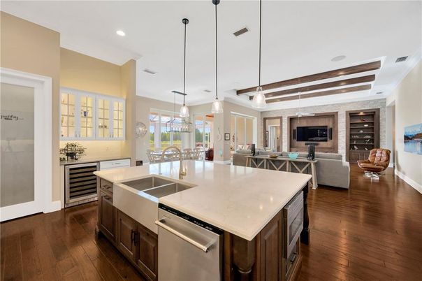 Dining room, Interior, Kitchen, Living room, Pendant Lights, Recessed Lighting, Stainless Steel Appliances, Wood Texture Flooring
