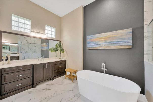 Bathroom, Dual Sink Vanities, Free Standing Baths, Interior, Marble, Marble Walls