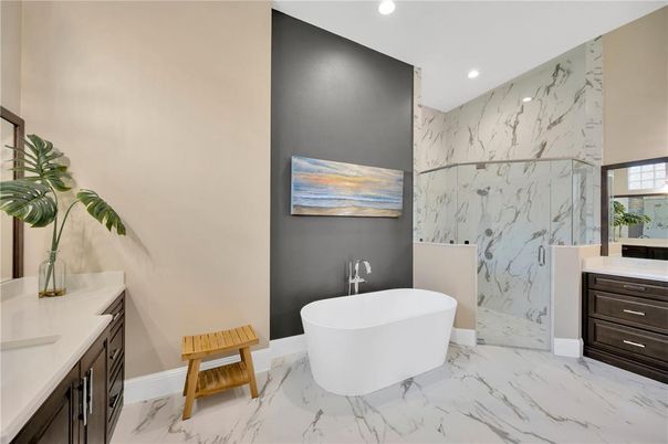 Bathroom, Free Standing Baths, Interior, Marble, Marble Walls, Recessed Lighting