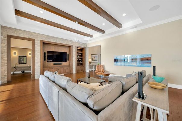 Interior, Living room, Recessed Lighting, Stone Walls, Water, Wooden Beams, Wood Texture Flooring