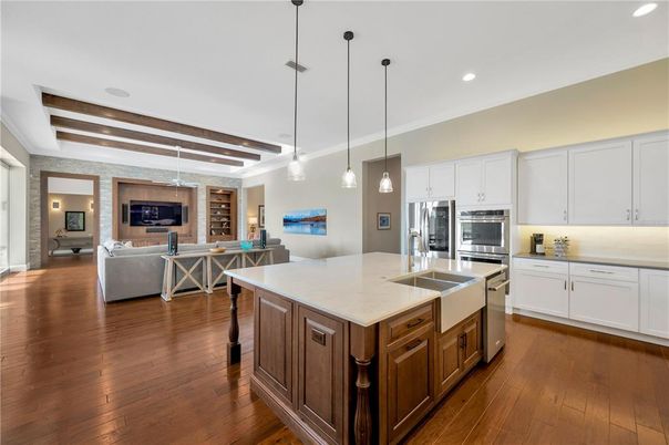 Interior, Kitchen, Living room, Pendant Lights, Recessed Lighting, Stainless Steel Appliances, Wooden Beams, Wood Texture Flooring