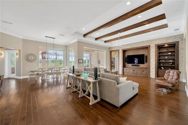 Dining room, Interior, Living room, Pendant Lights, Recessed Lighting, Wooden Beams, Wood Texture Flooring