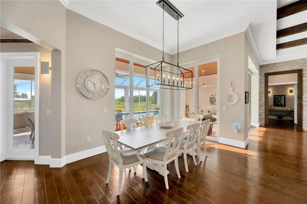 Chandelier, Dining room, Interior, Pendant Lights, Wood Texture Flooring