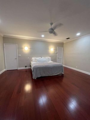 Bedroom, Interior, Recessed Lighting, Wood Texture Flooring